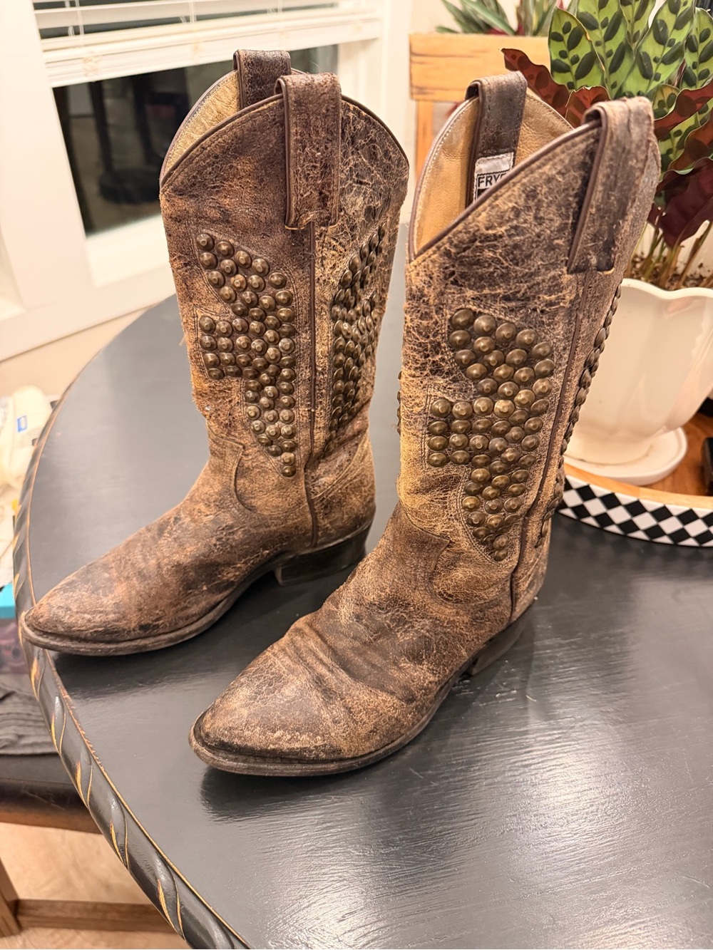 Frye Distressed Brown Studded Leather Western Boots
